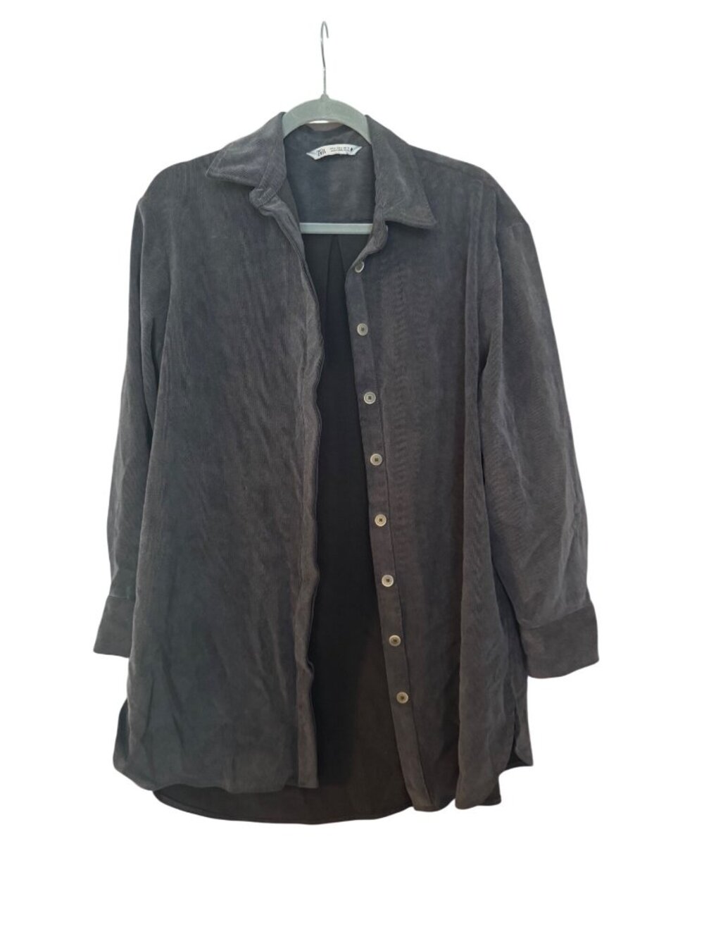 Zara Womens M Gray Corduroy Button Down Shirt Tunic Oversized Longline Shacket